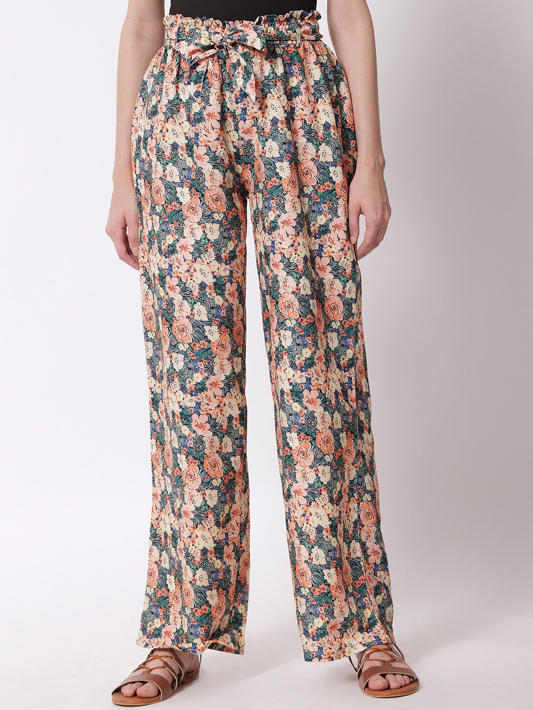 Kotty Women Peach-Coloured Floral Printed Relaxed High-Rise Trousers