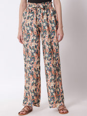 Kotty Women Peach-Coloured Floral Printed Relaxed High-Rise Trousers