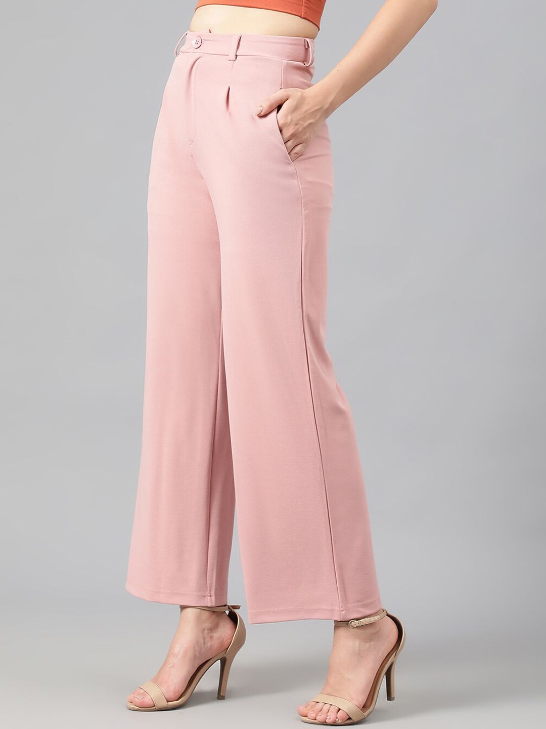 KOTTY BIZwear Women Pink Relaxed Straight Leg Fit High-Rise Easy Wash Parallel Trousers