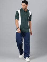 Kotty Green & White Colourblocked Polo Collar Cotton T-shirt
