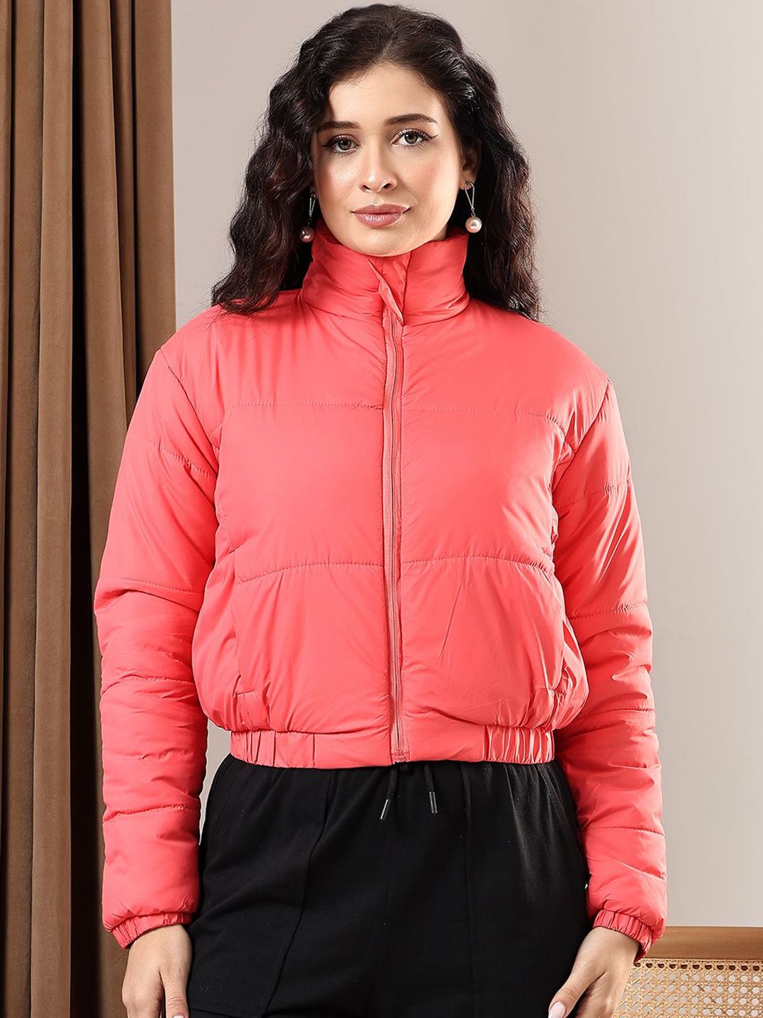 Kotty Women Mock Collar Solid Casual Puffer Insulator Jacket