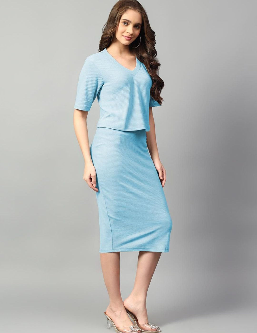 Kotty Blue V-Neck Short Sleeves Top With Skirt 