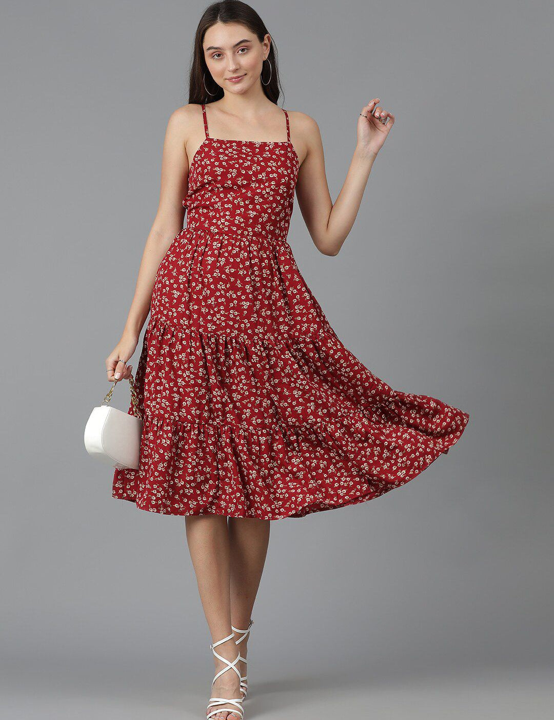 Kotty Floral Printed Shoulder Straps Sleeveless Layered Fit & Flare Dress