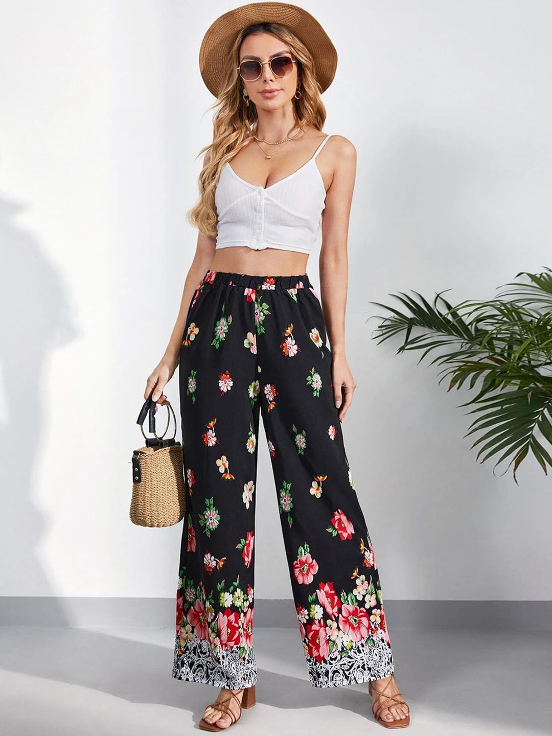 Kotty Women Multicoloured Floral Printed Relaxed Straight Fit High-Rise Easy Wash Trousers