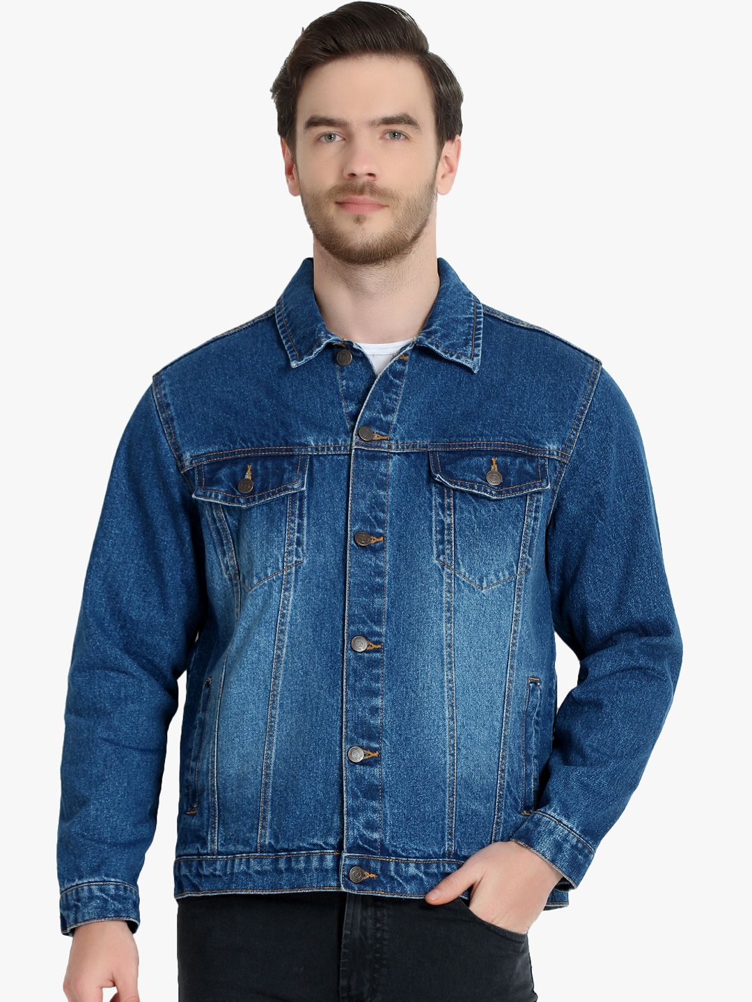 Kotty Men Blue Solid Denim Jacket
