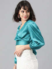 Kotty Satin Puff Sleeve Wrap Crop Top