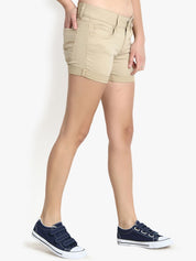 Kotty Women Beige Solid Regular Fit Denim Shorts