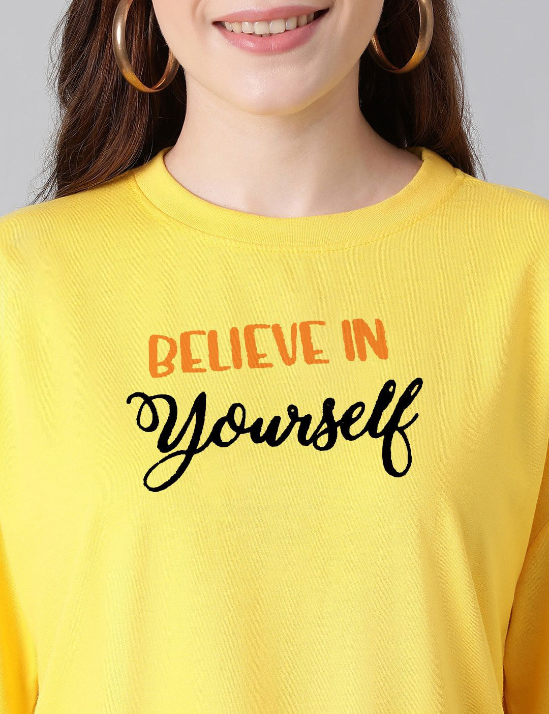 Kotty Yellow Graphic Printed Drop-Shoulder Sleeves Oversized Cotton  T-Shirt