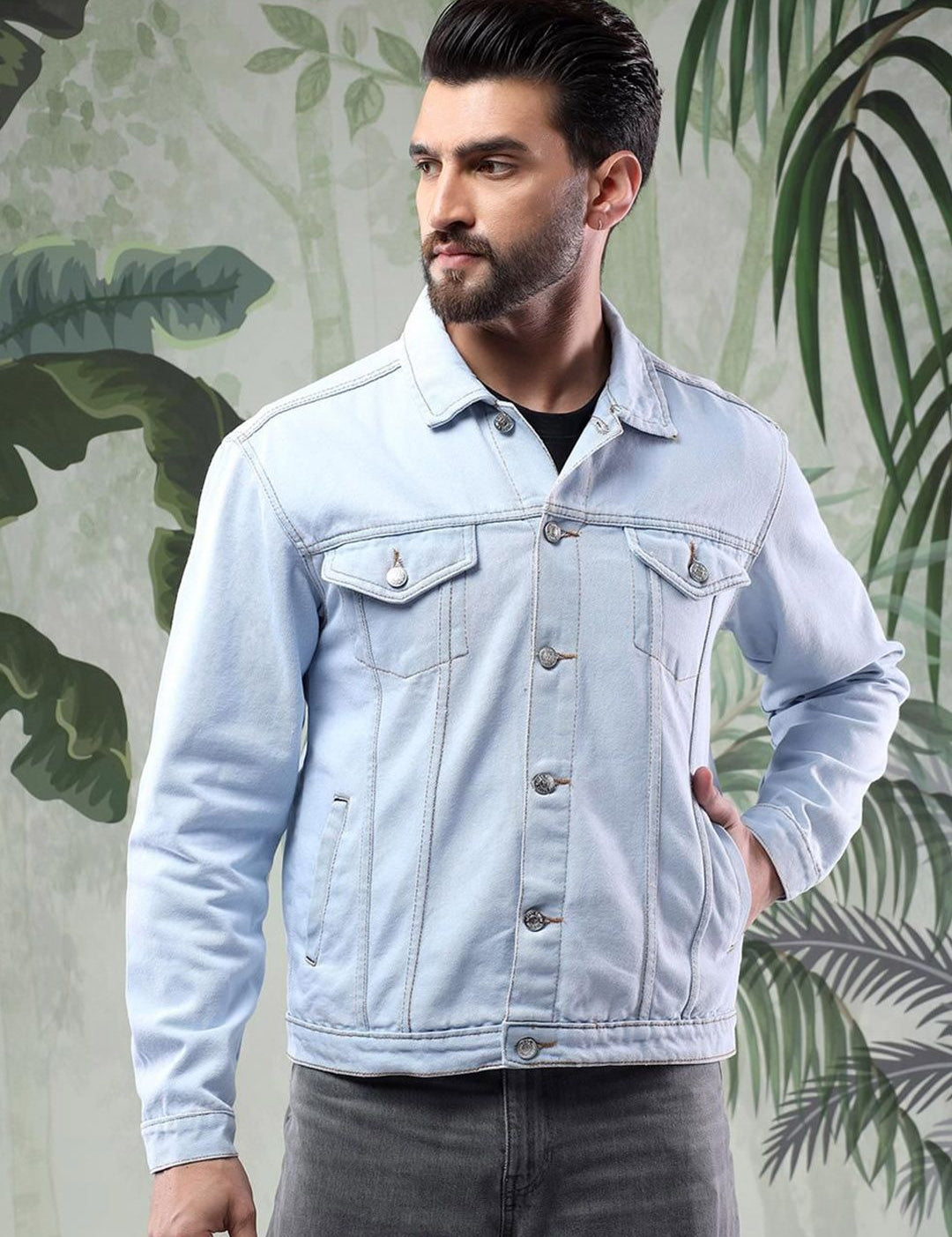Kotty Men Solid Spread Collar Insulator Pure Cotton Denim Jacket