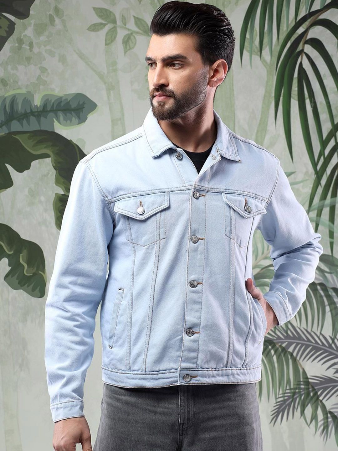Kotty Men Solid Spread Collar Insulator Pure Cotton Denim Jacket