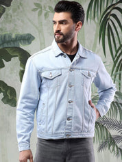 Kotty Men Solid Spread Collar Insulator Pure Cotton Denim Jacket