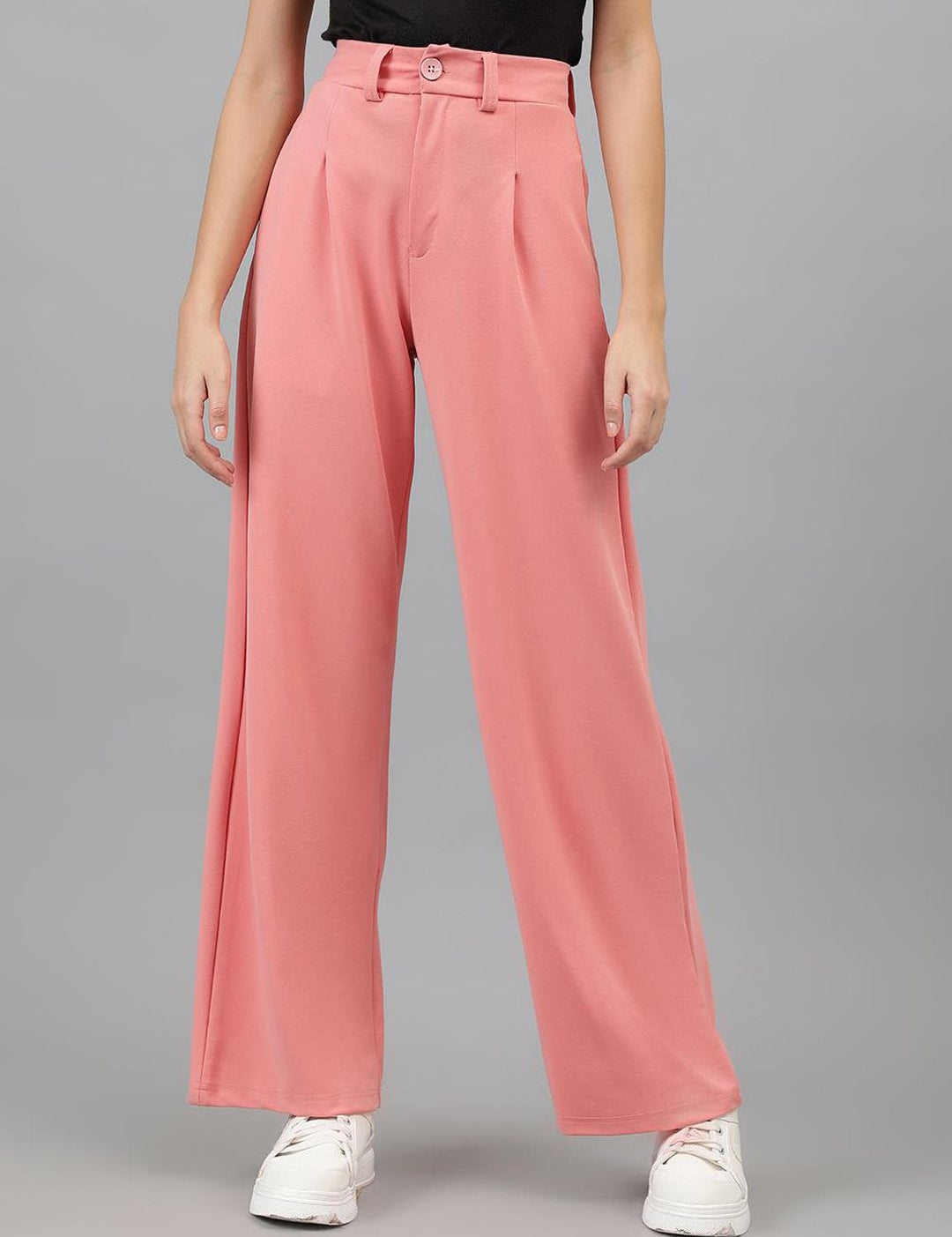 KOTTY BIZwear Women Baby Pink Relaxed Straight Leg High-Rise Easy Wash Pleated Trousers