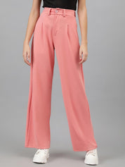 KOTTY BIZwear Women Baby Pink Relaxed Straight Leg High-Rise Easy Wash Pleated Trousers
