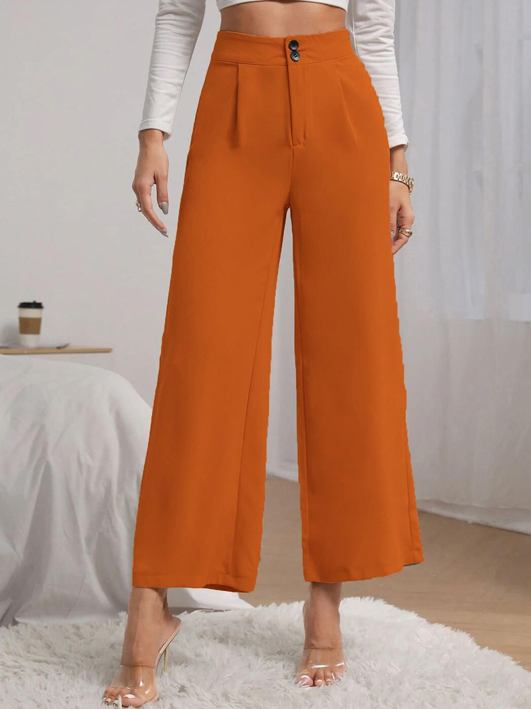 KOTTY BIZwear Women Yellow Relaxed Straight Fit High-Rise Easy Wash Pleated Trousers
