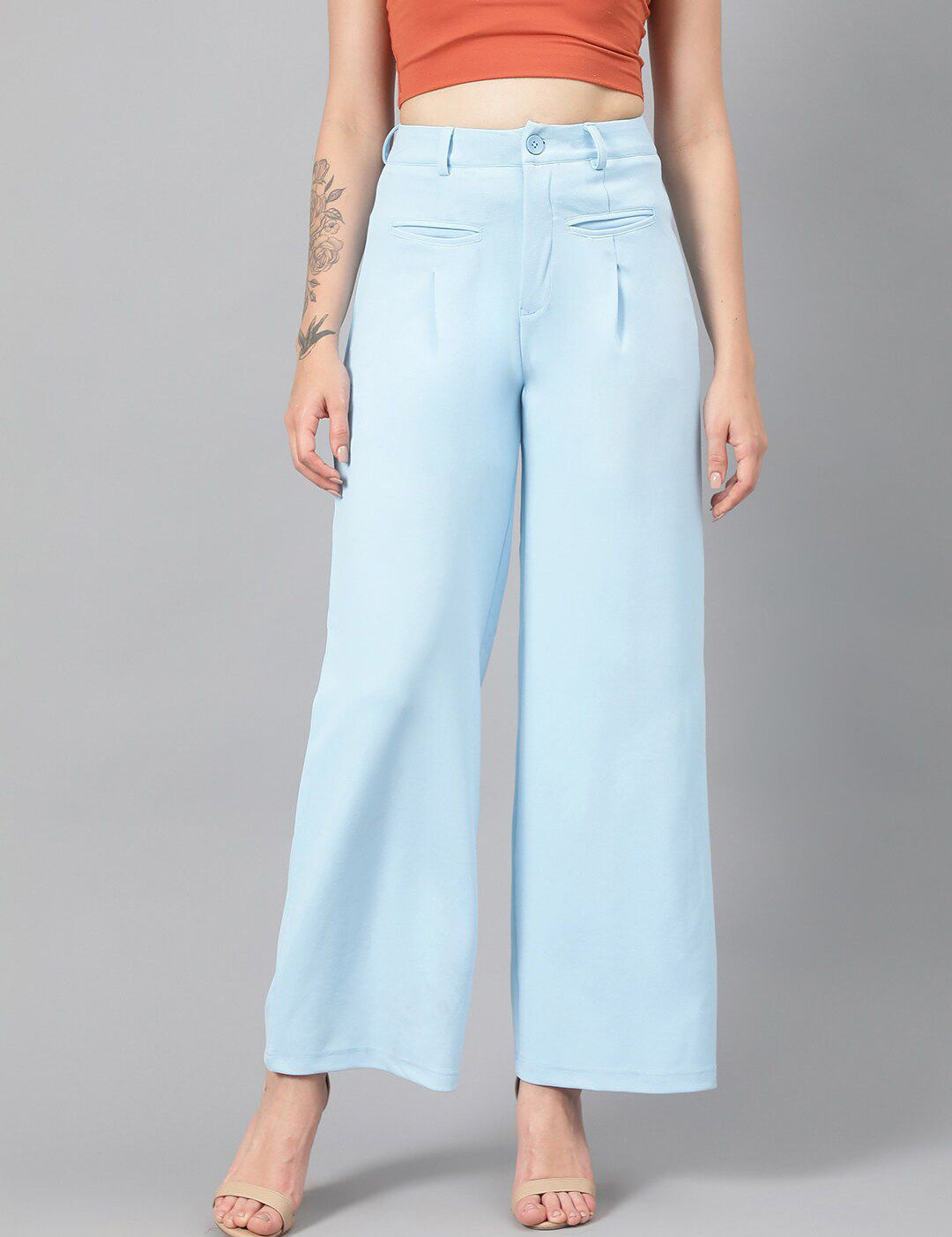 Kotty Women Blue Relaxed Straight Leg Fit High-Rise Easy Wash Parallel Trousers