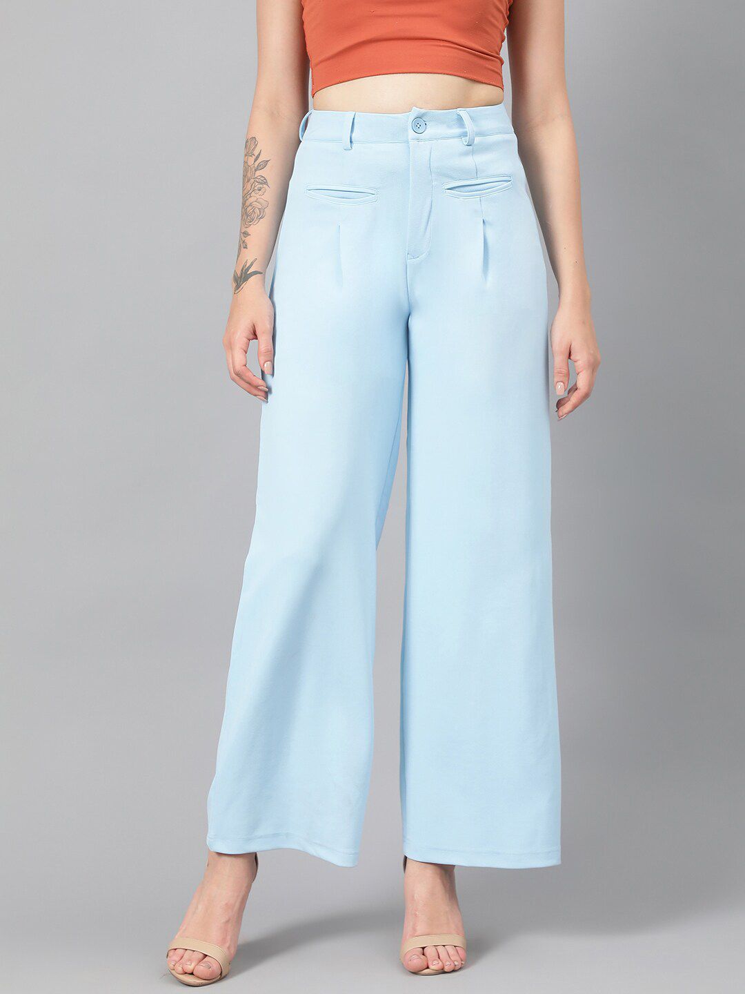 Kotty Women Blue Relaxed Straight Leg Fit High-Rise Easy Wash Parallel Trousers