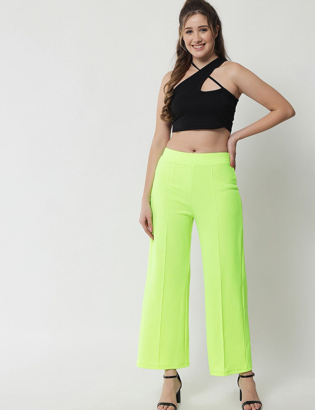 Kotty Women Fluorescent Green Solid Relaxed Straight Fit Parallel Trousers