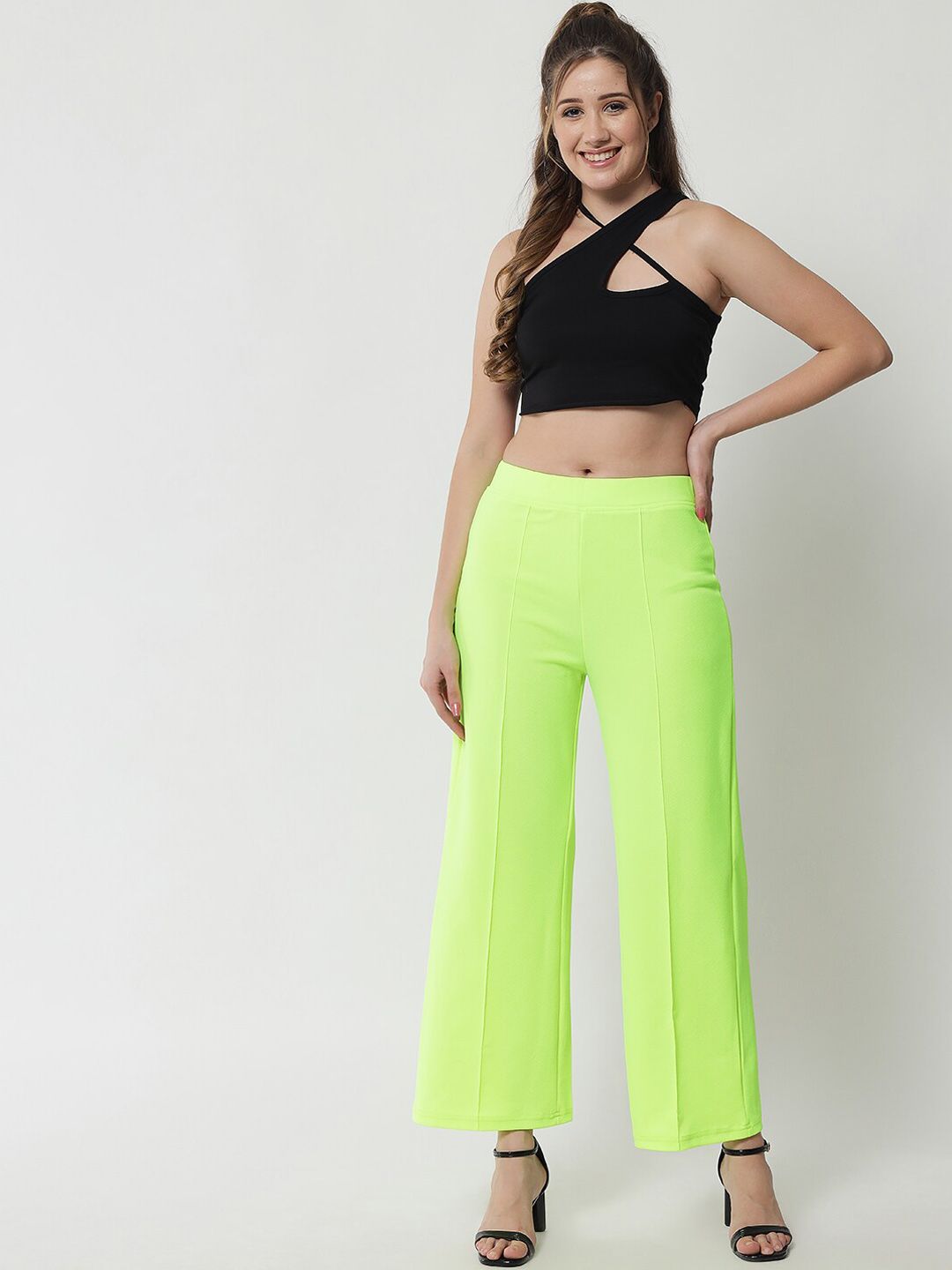 Kotty Women Fluorescent Green Solid Relaxed Straight Fit Parallel Trousers