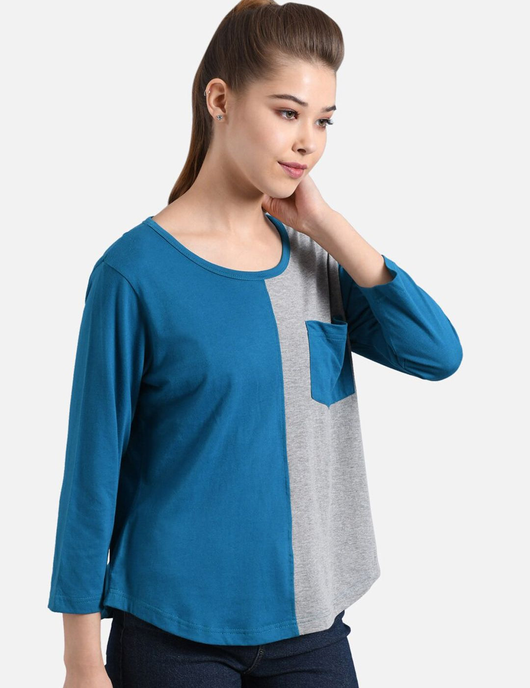 Kotty Women Blue Colourblocked Round Neck T-shirt