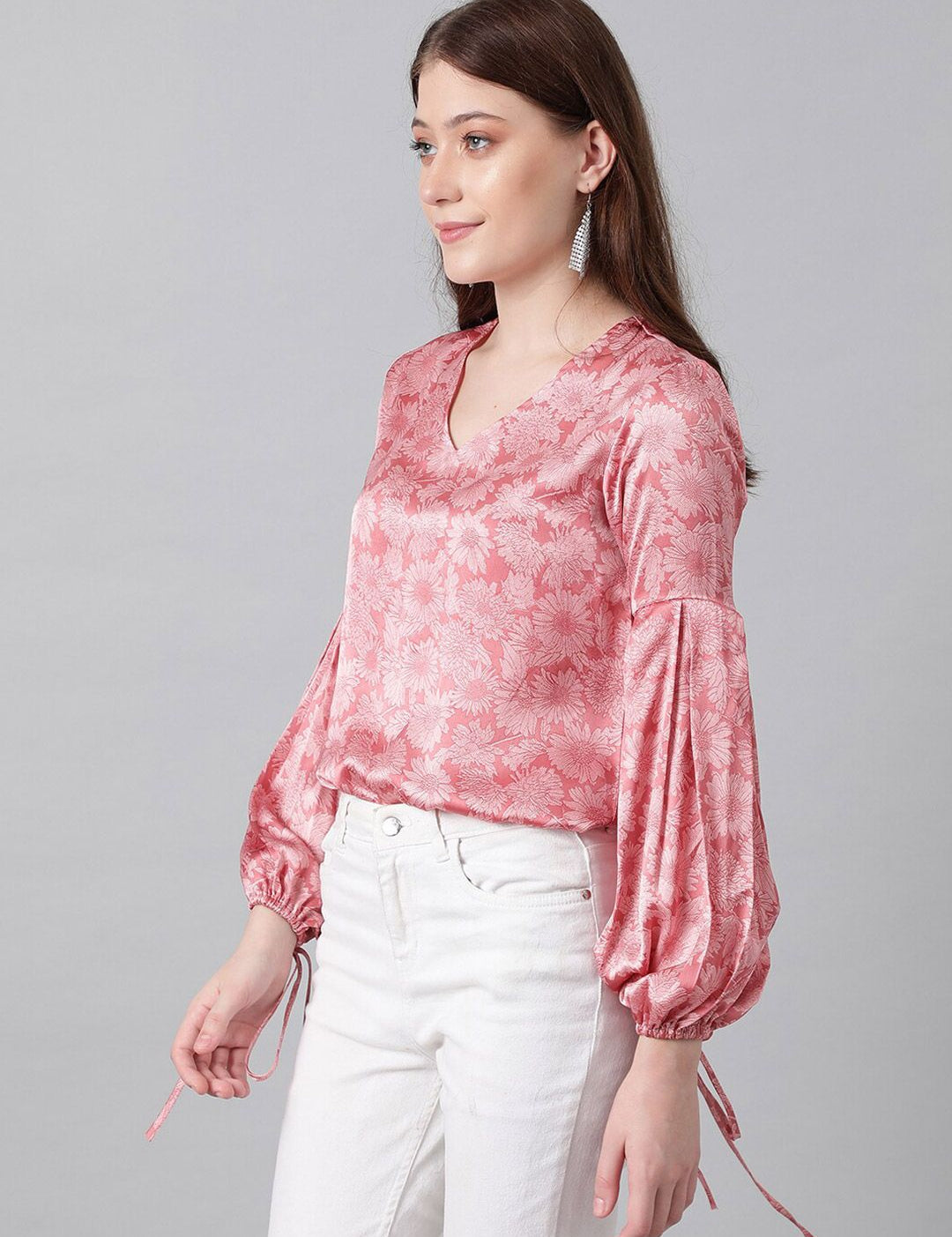 Kotty Pink Floral Printed Bishop Sleeves Satin Top