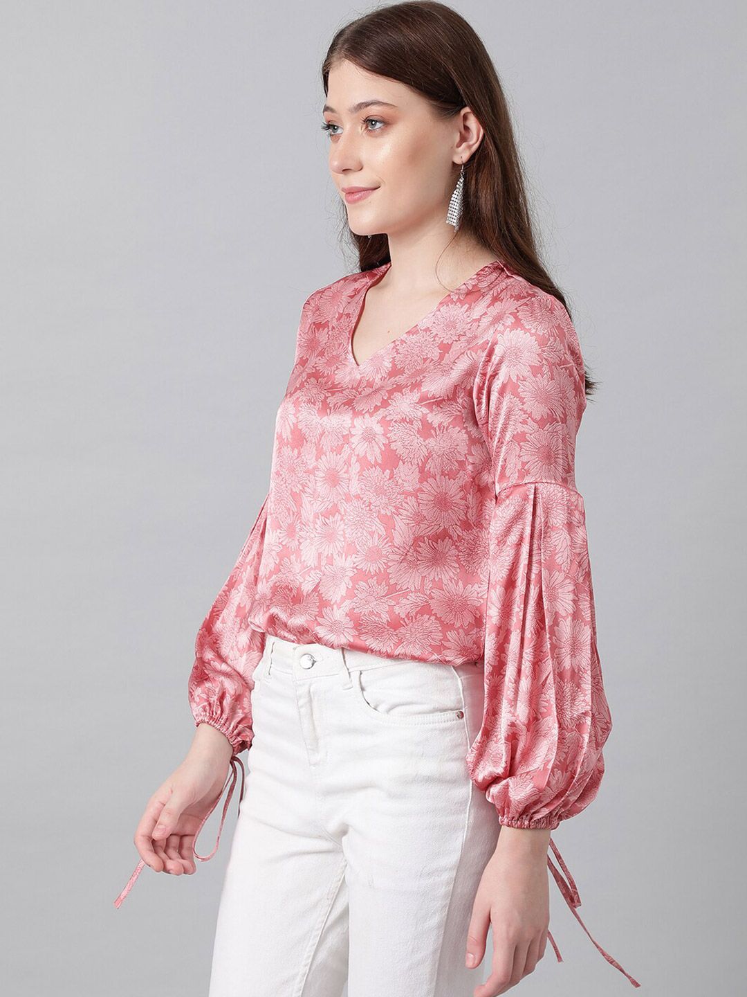 Kotty Pink Floral Printed Bishop Sleeves Satin Top