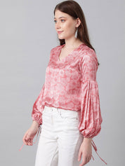 Kotty Pink Floral Printed Bishop Sleeves Satin Top