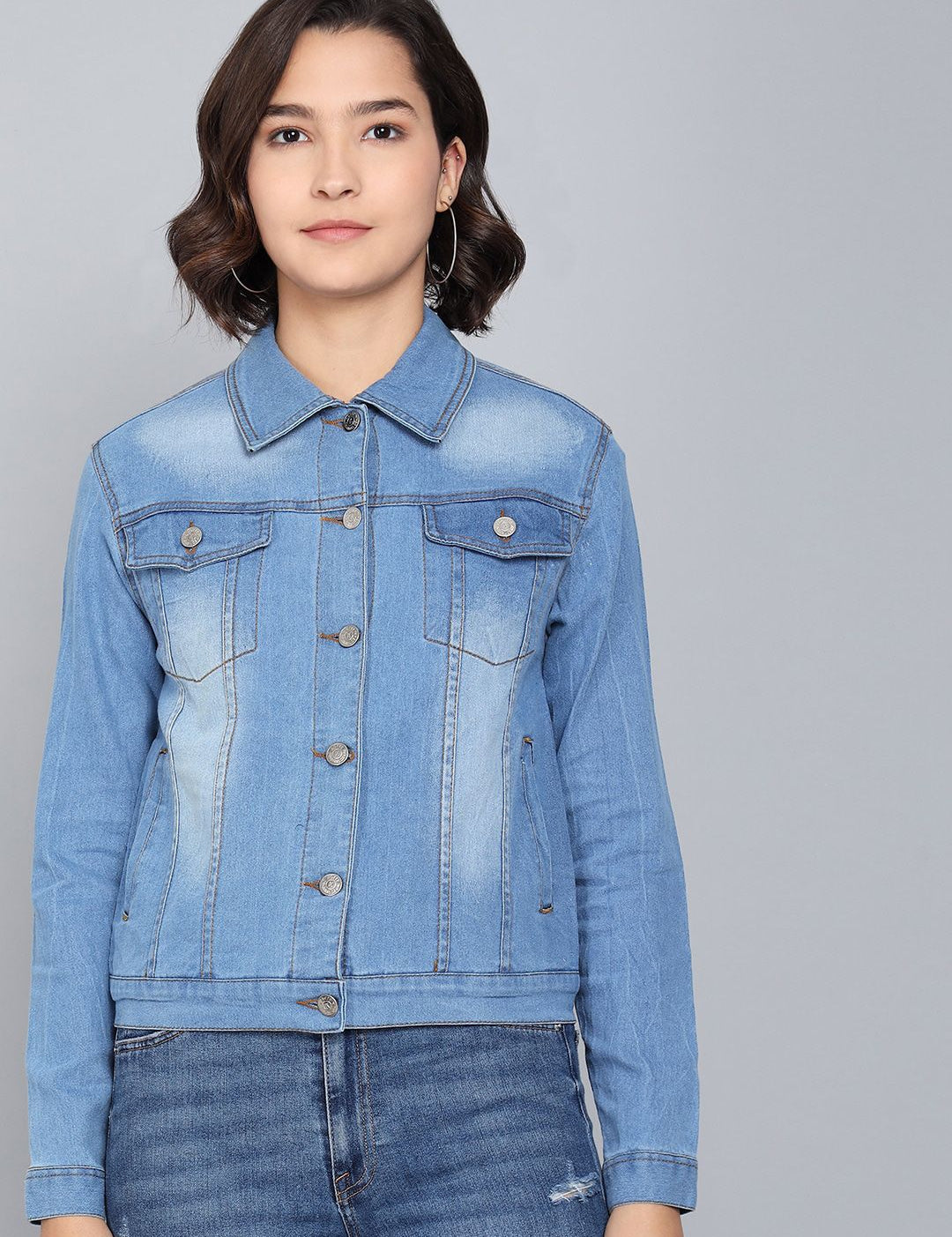 Kotty Women Blue Washed Colourblocked Denim Jacket