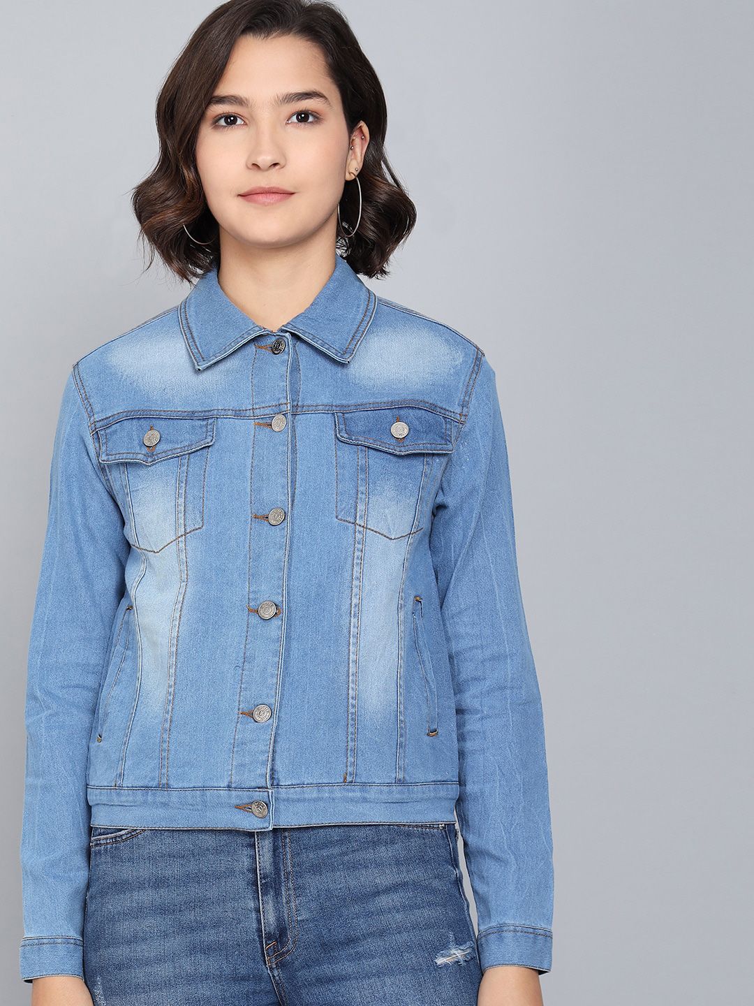 Kotty Women Blue Washed Colourblocked Denim Jacket