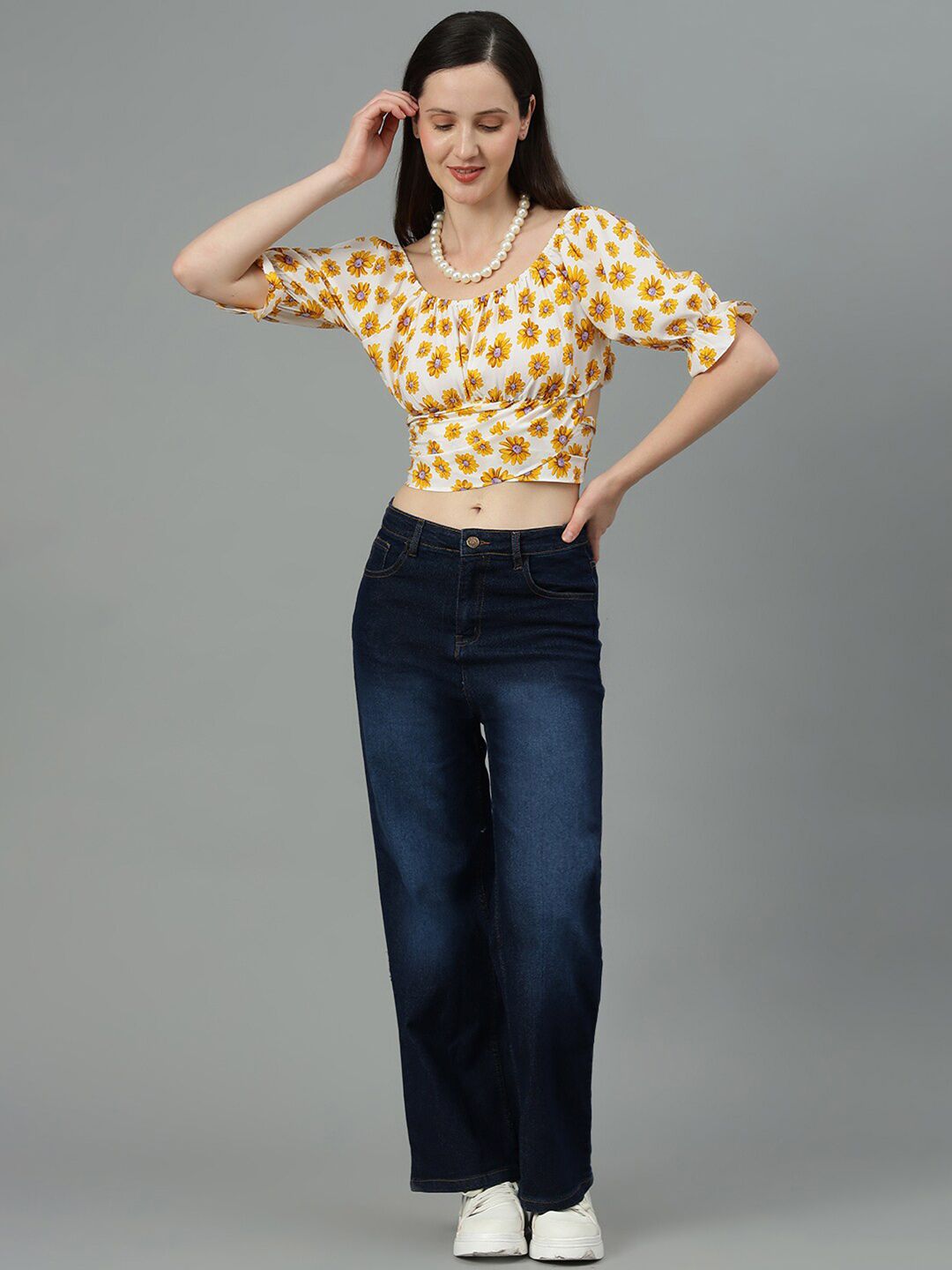 Kotty Cream Floral Printed Puff Sleeve Crop Top