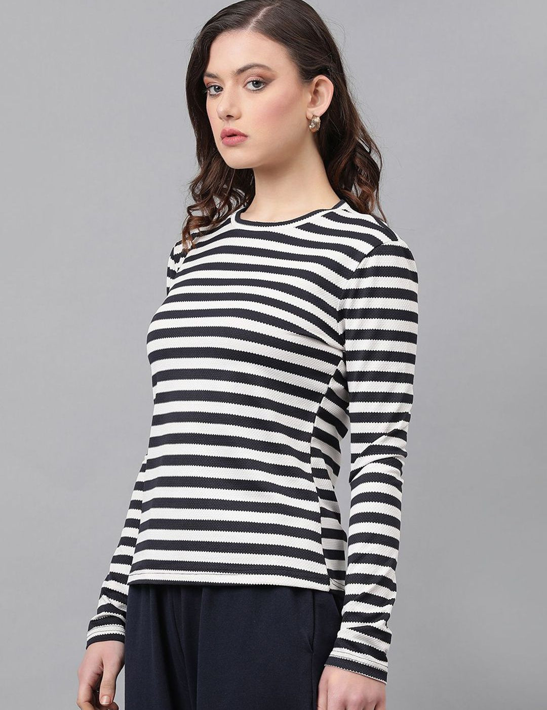 KOTTY Basics Striped Monochrome Round Neck Cotton Top