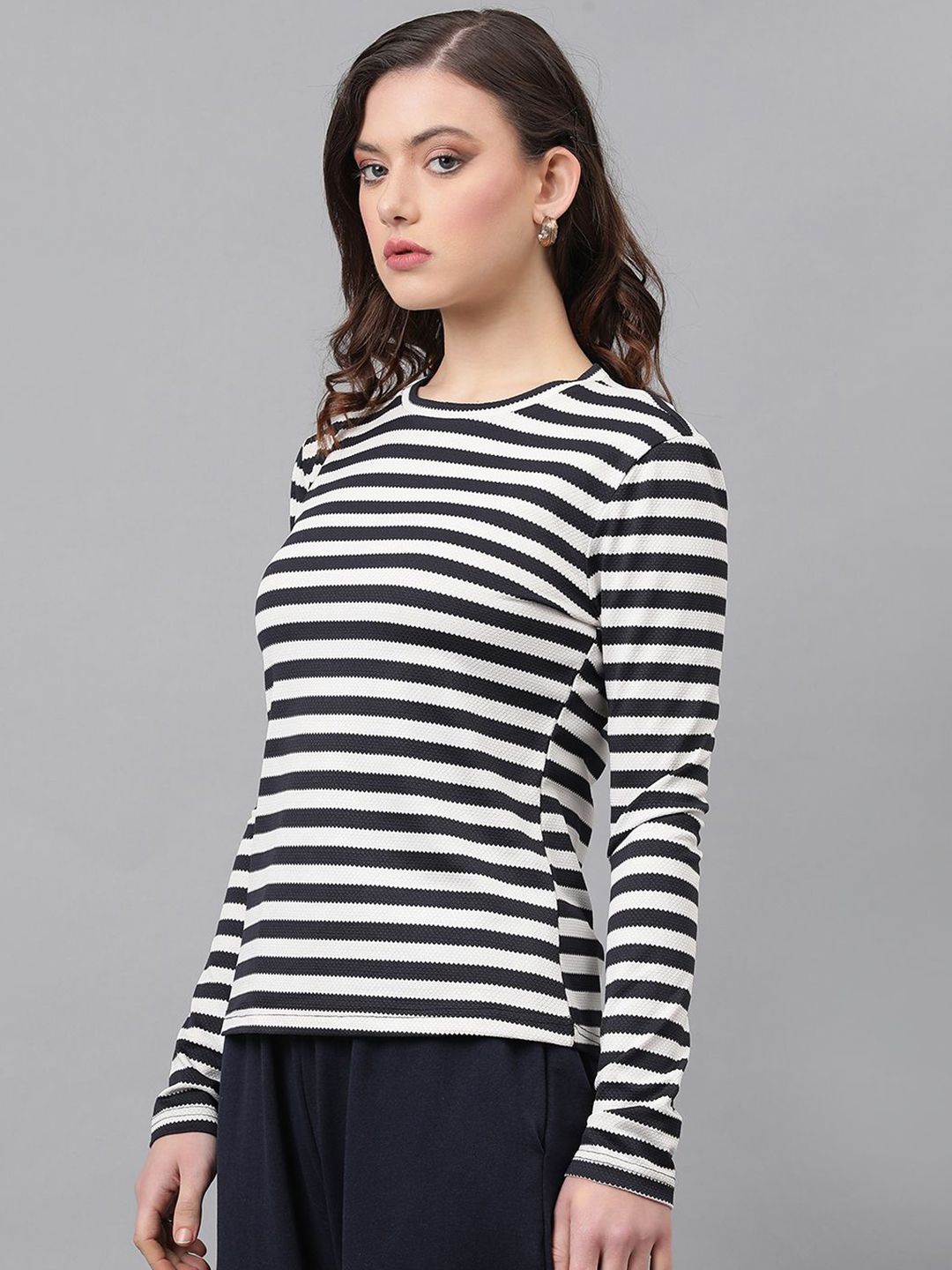 KOTTY Basics Striped Monochrome Round Neck Cotton Top