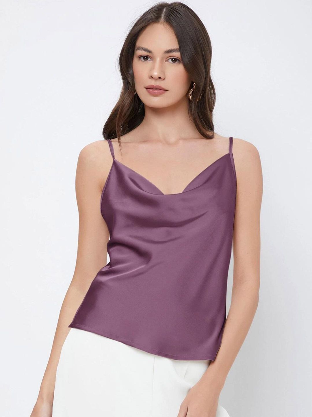 Kotty Purple Cowl Neck Shoulder Straps Satin Top
