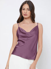 Kotty Purple Cowl Neck Shoulder Straps Satin Top