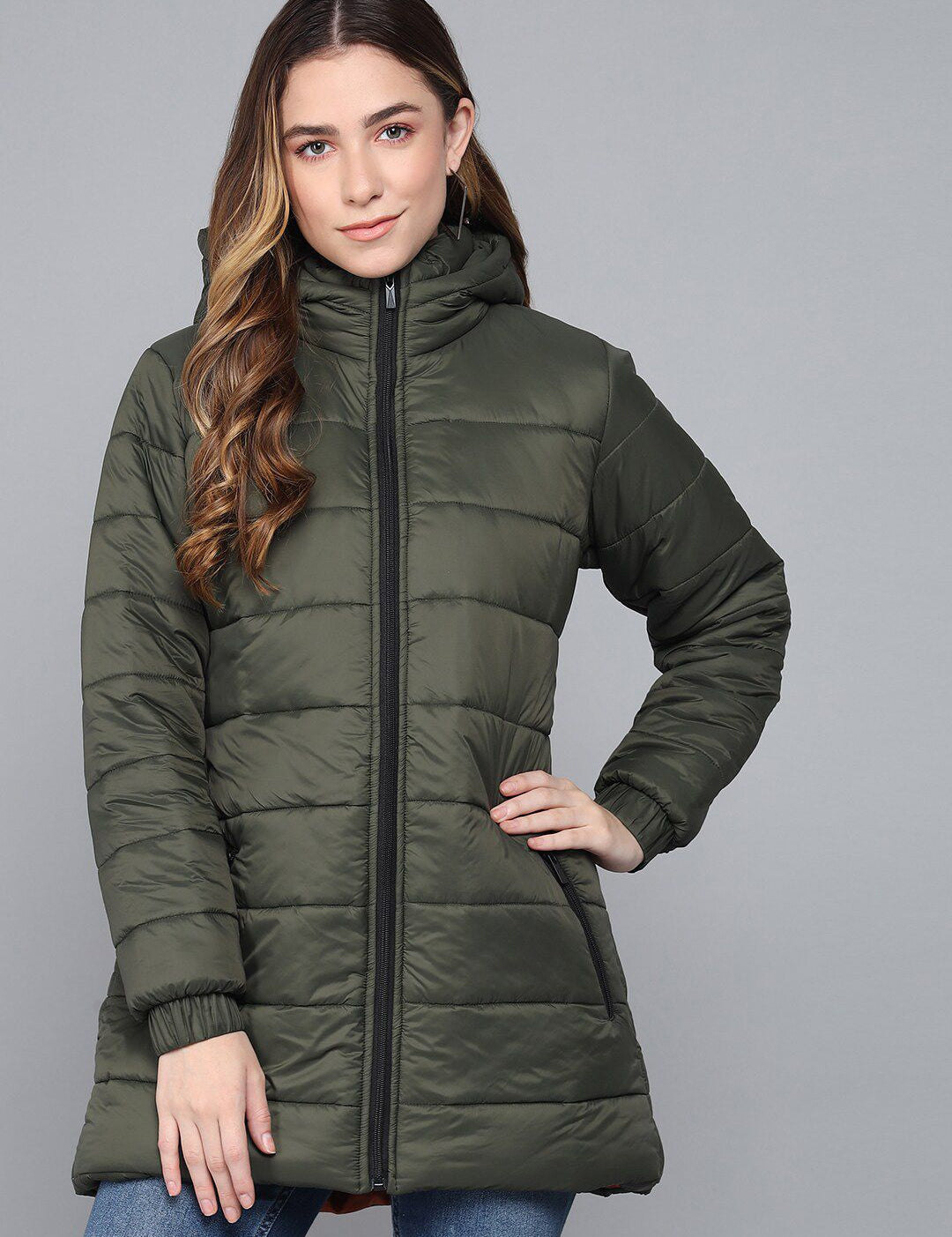 Kotty Women Olive Green Longline Outdoor Padded Jacket with Patchwork