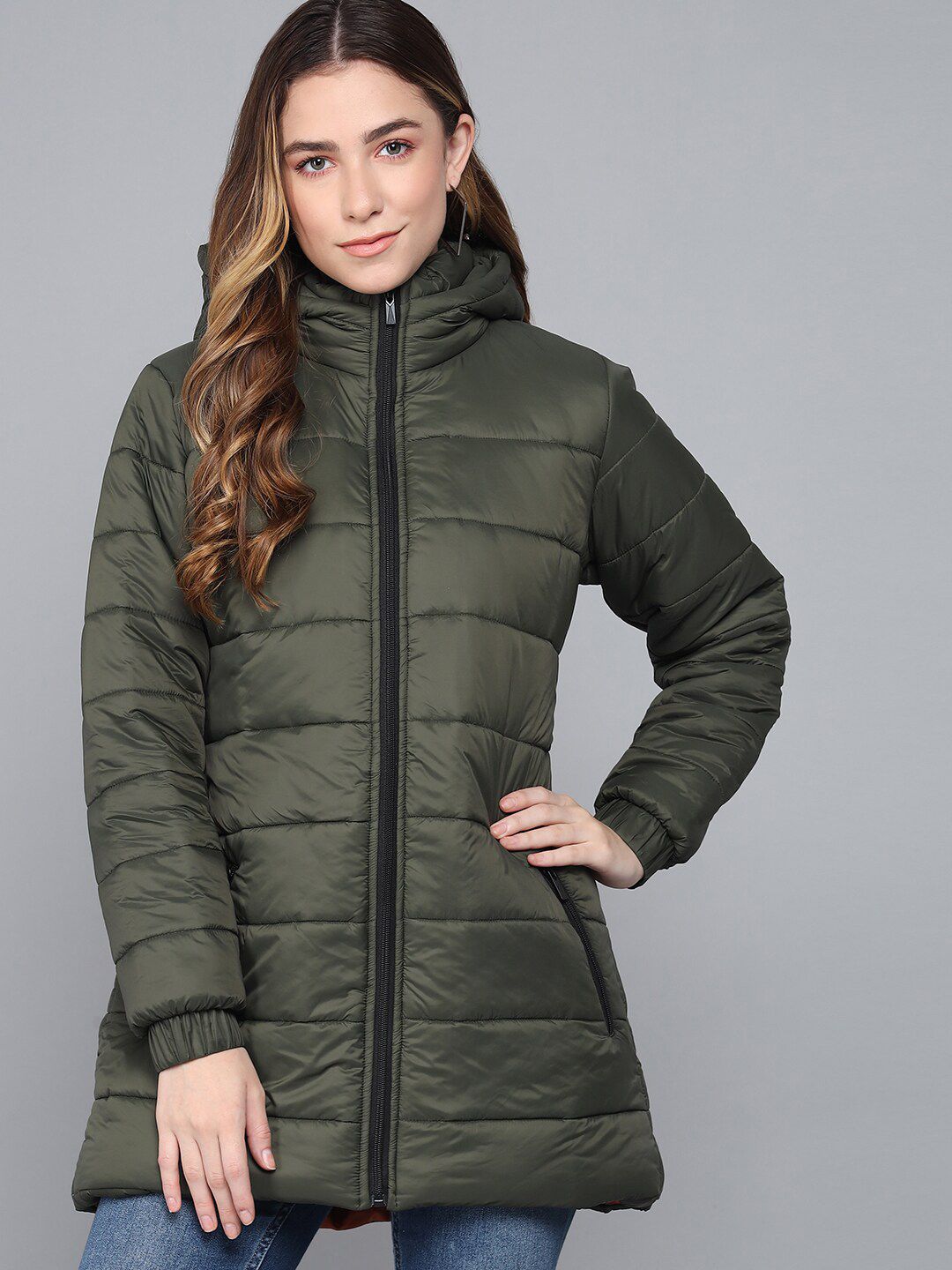 Kotty Women Olive Green Longline Outdoor Padded Jacket with Patchwork
