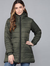 Kotty Women Olive Green Longline Outdoor Padded Jacket with Patchwork