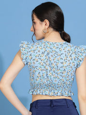 Kotty Floral Print Flutter Sleeve Crepe Wrap Crop Top
