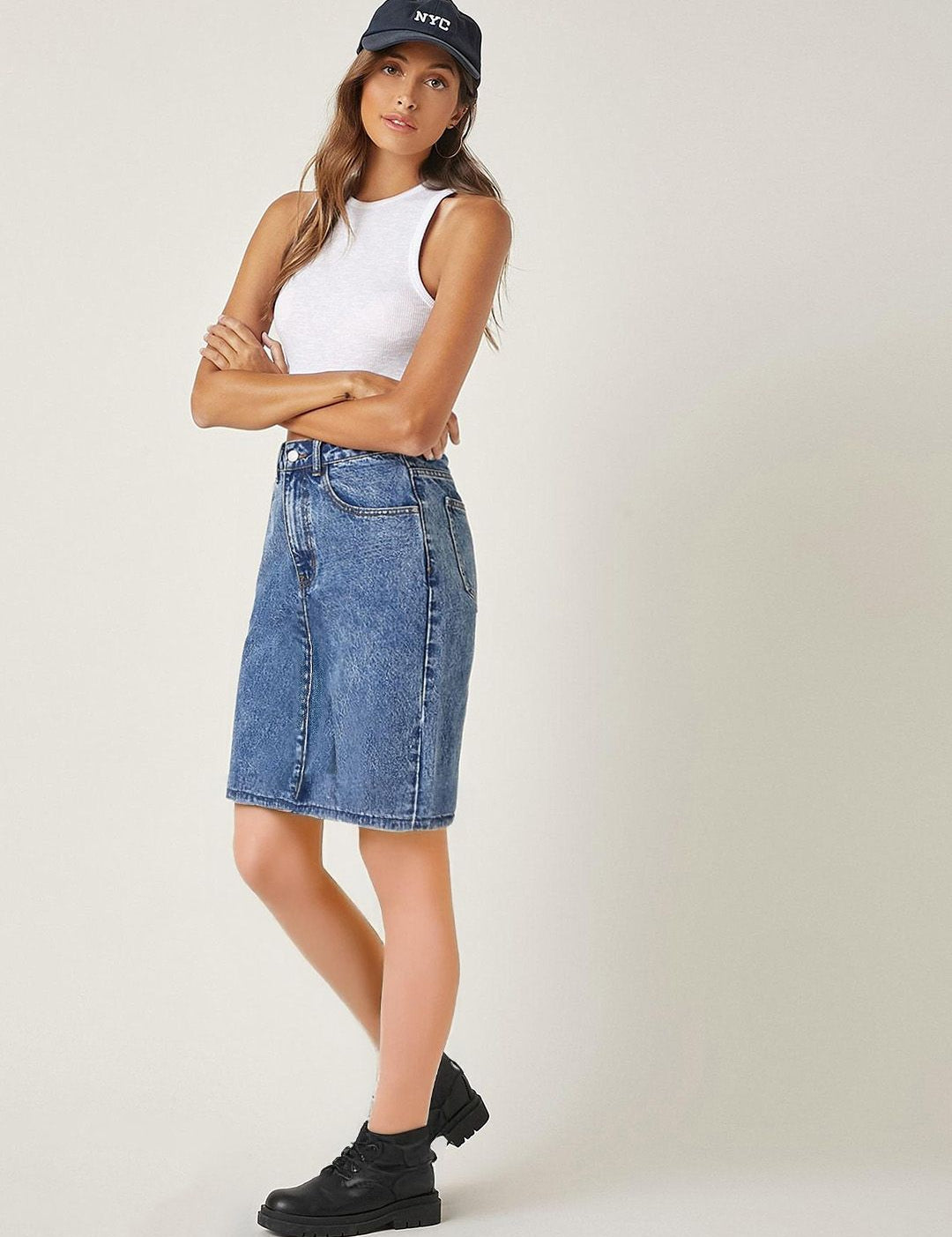 Kotty Knee Length Straight Denim Skirt