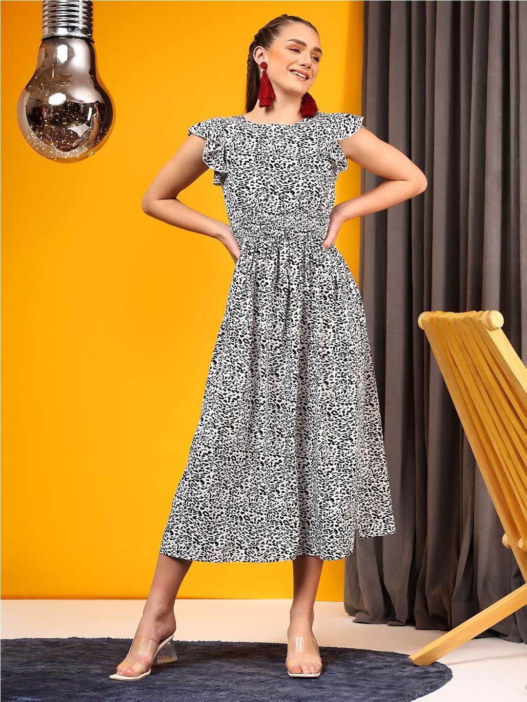 Kotty Animal Printed Crepe Fit & Flare Midi Dress