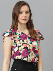 Kotty Floral Print Flutter Sleeve Crepe Wrap Top