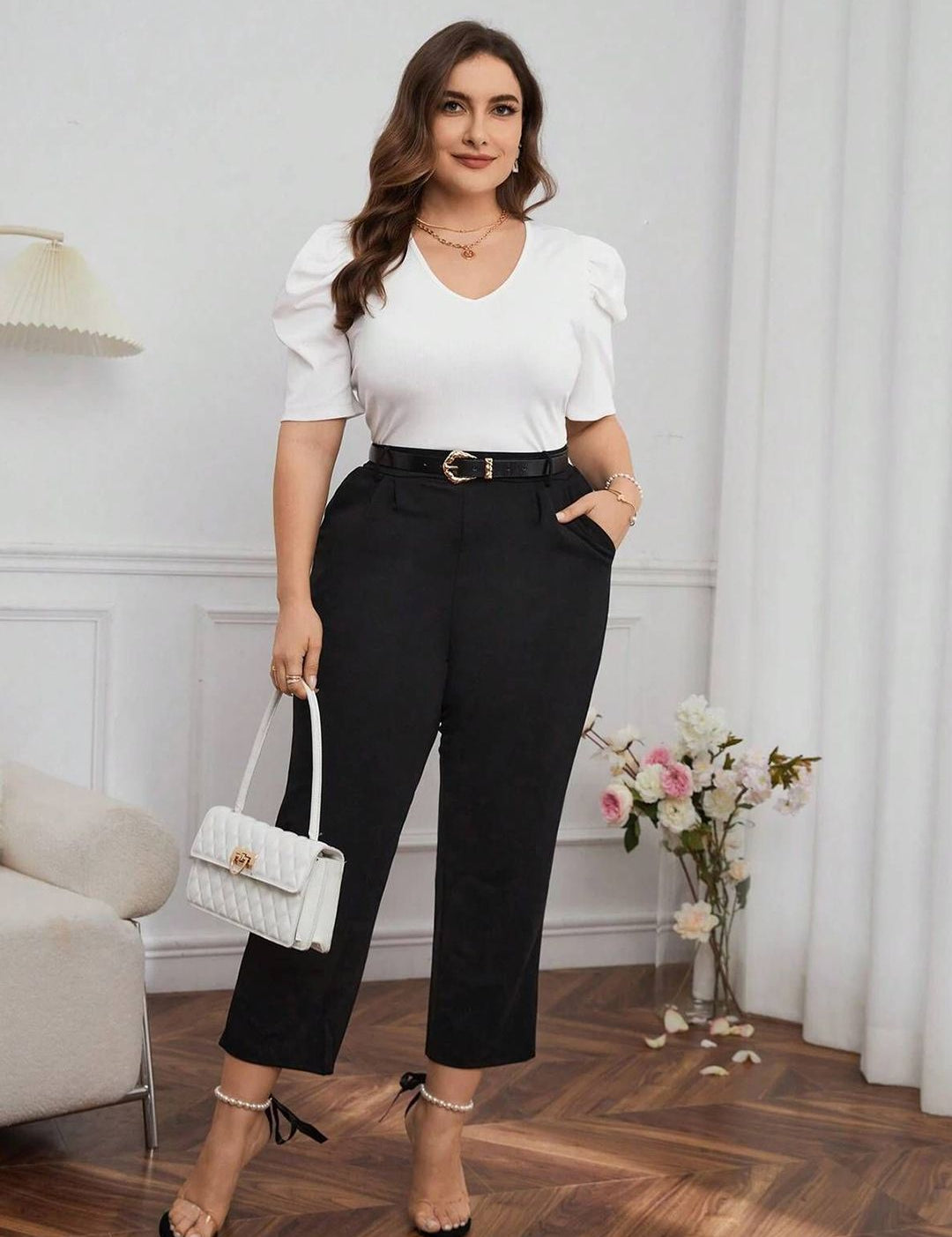 KOTTY Women Plus Size Puff Sleeves Fitted Top