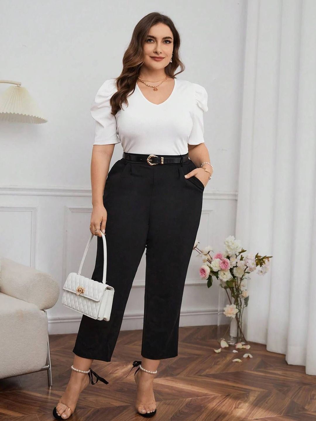 KOTTY Women Plus Size Puff Sleeves Fitted Top