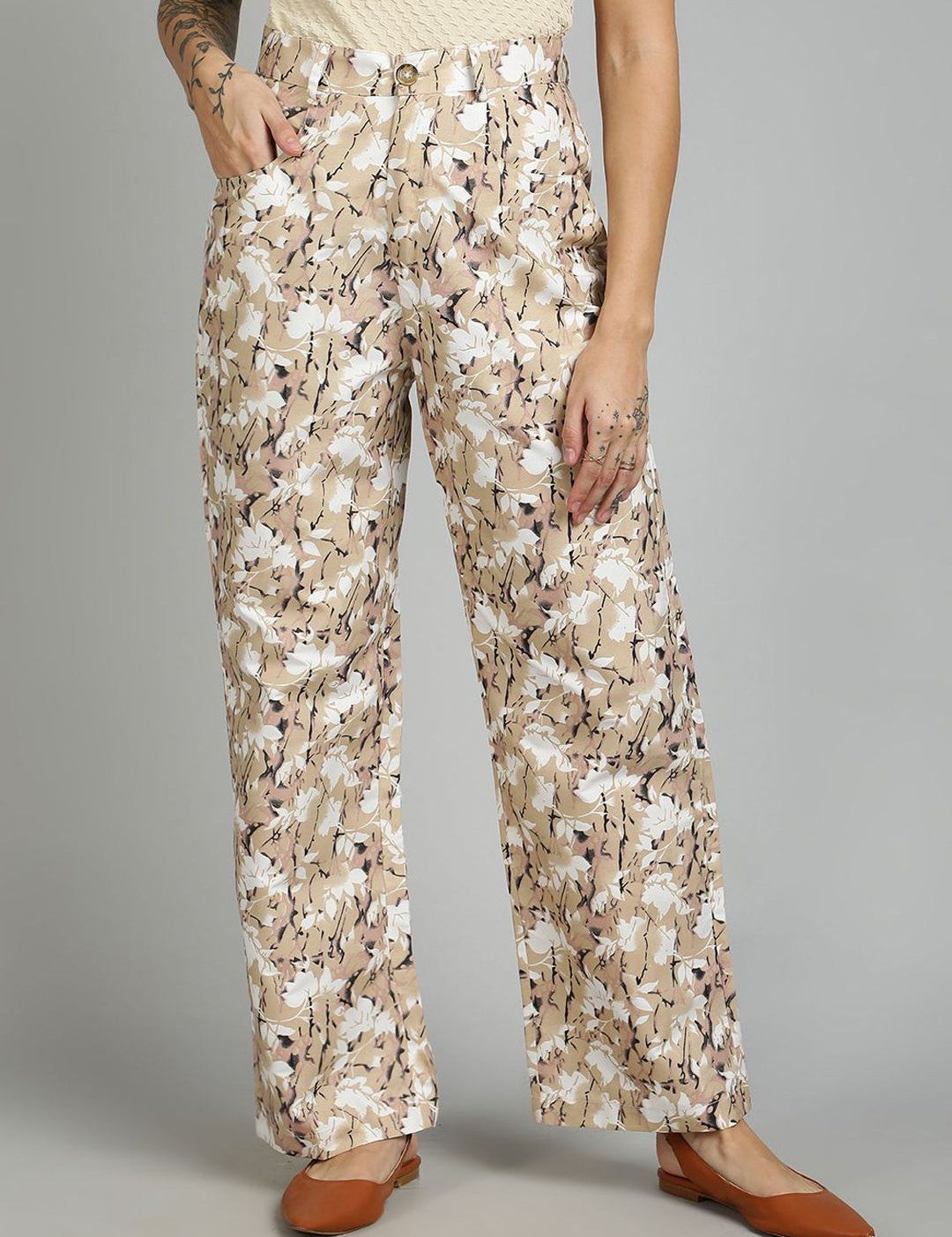 Kotty Women Printed Straight Fit High-Rise Cotton Trousers