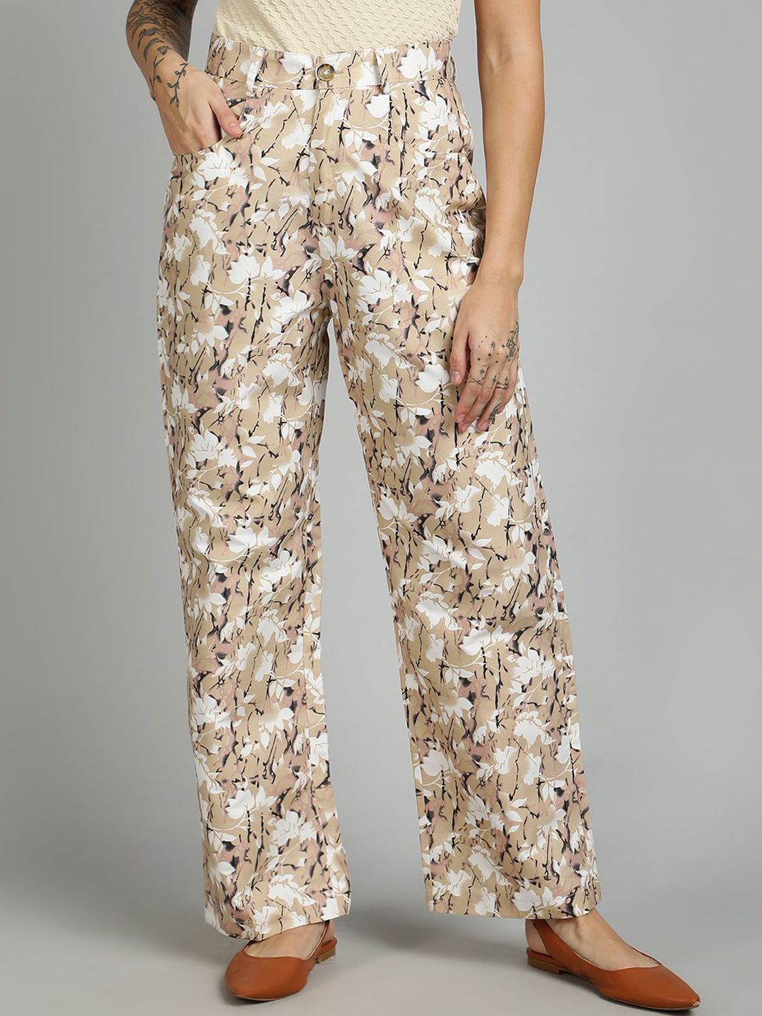 Kotty Women Printed Straight Fit High-Rise Cotton Trousers