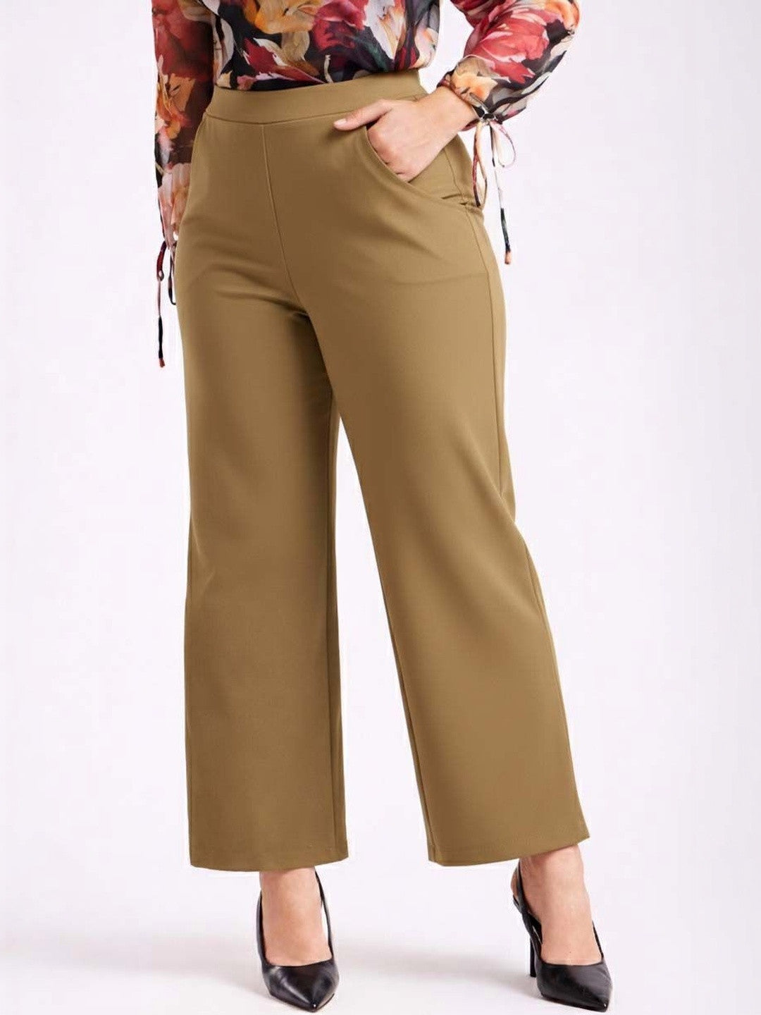 Brown Regular Fit High-Rise Pants for Women – Elegant Solid Design | Kotty