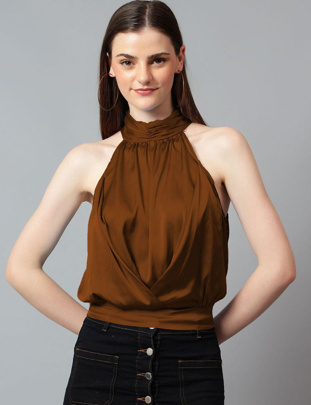 Kotty Women Solid Halter Neck Satin Top