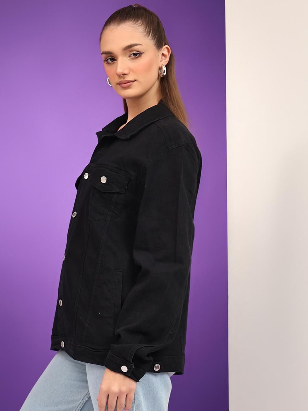 Kotty Women Spread Collar Solid Casual Denim Jacket