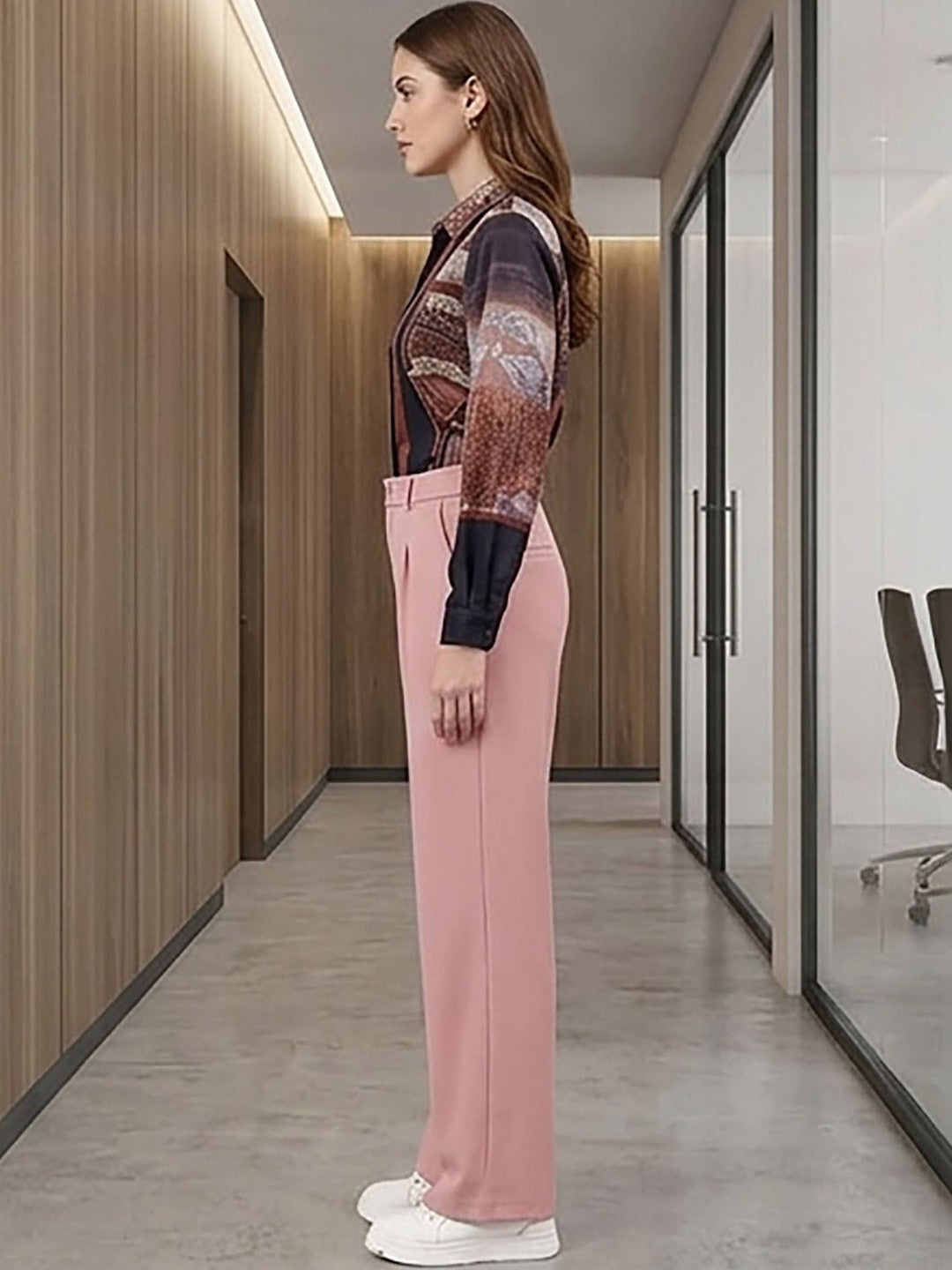 Pink Regular Fit Mid-Rise Trousers for Women – Elegant Solid Design | Kotty