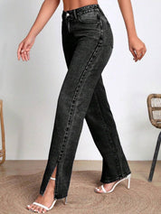 Kotty Women Wide Leg High-Rise Light Fade Stretchable Jeans with Slit