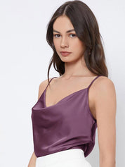 Kotty Purple Cowl Neck Shoulder Straps Satin Top